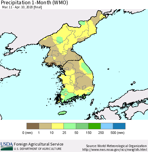 Korea Precipitation 1-Month (WMO) Thematic Map For 3/11/2020 - 4/10/2020