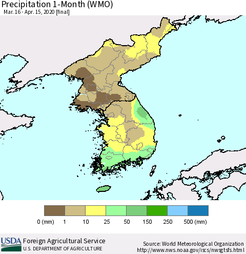 Korea Precipitation 1-Month (WMO) Thematic Map For 3/16/2020 - 4/15/2020