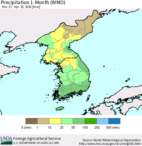 Korea Precipitation 1-Month (WMO) Thematic Map For 3/21/2020 - 4/20/2020