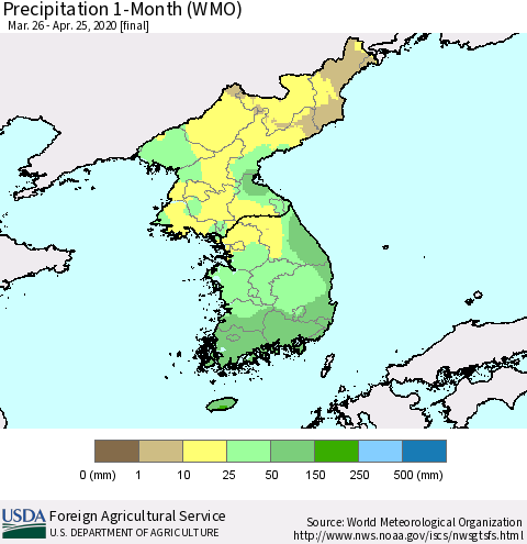 Korea Precipitation 1-Month (WMO) Thematic Map For 3/26/2020 - 4/25/2020