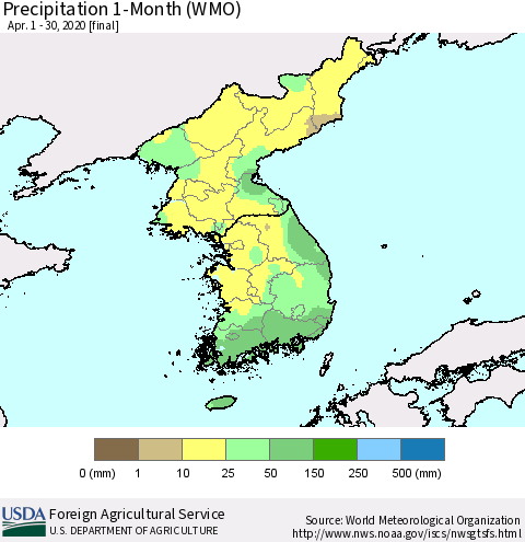 Korea Precipitation 1-Month (WMO) Thematic Map For 4/1/2020 - 4/30/2020