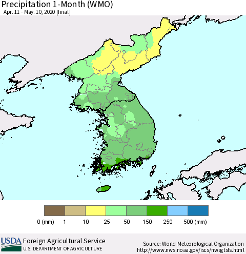 Korea Precipitation 1-Month (WMO) Thematic Map For 4/11/2020 - 5/10/2020