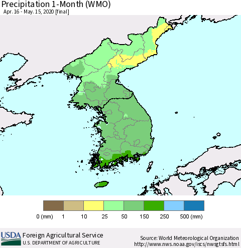 Korea Precipitation 1-Month (WMO) Thematic Map For 4/16/2020 - 5/15/2020