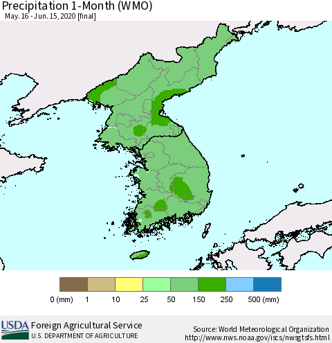 Korea Precipitation 1-Month (WMO) Thematic Map For 5/16/2020 - 6/15/2020