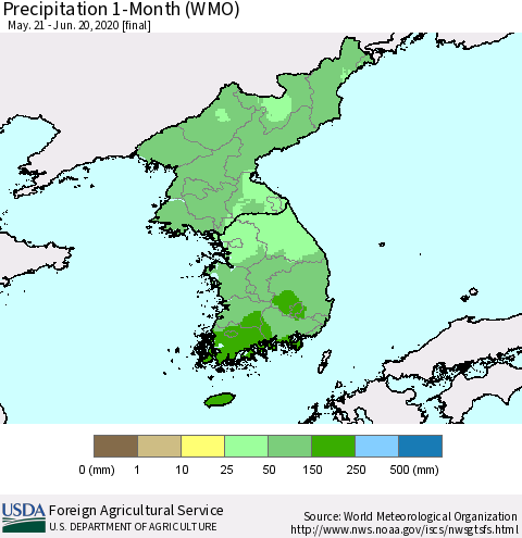 Korea Precipitation 1-Month (WMO) Thematic Map For 5/21/2020 - 6/20/2020
