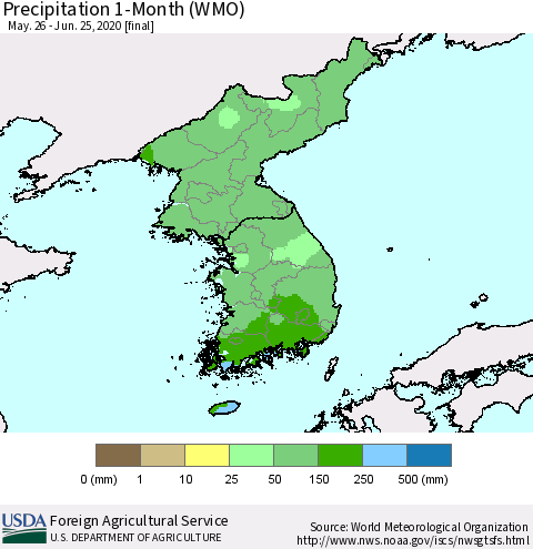 Korea Precipitation 1-Month (WMO) Thematic Map For 5/26/2020 - 6/25/2020