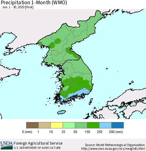 Korea Precipitation 1-Month (WMO) Thematic Map For 6/1/2020 - 6/30/2020