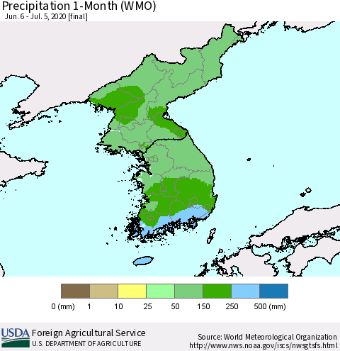 Korea Precipitation 1-Month (WMO) Thematic Map For 6/6/2020 - 7/5/2020