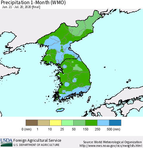Korea Precipitation 1-Month (WMO) Thematic Map For 6/21/2020 - 7/20/2020