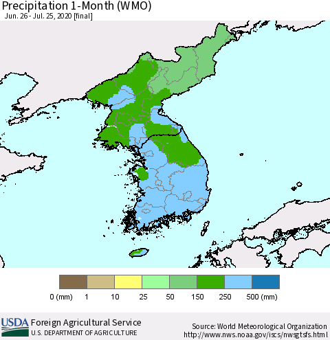 Korea Precipitation 1-Month (WMO) Thematic Map For 6/26/2020 - 7/25/2020