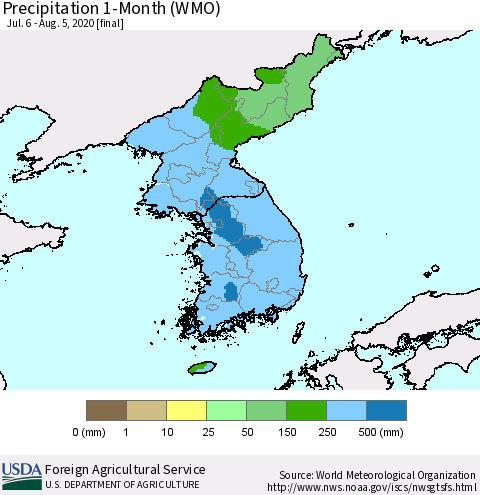Korea Precipitation 1-Month (WMO) Thematic Map For 7/6/2020 - 8/5/2020
