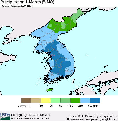 Korea Precipitation 1-Month (WMO) Thematic Map For 7/11/2020 - 8/10/2020