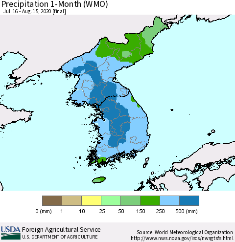Korea Precipitation 1-Month (WMO) Thematic Map For 7/16/2020 - 8/15/2020
