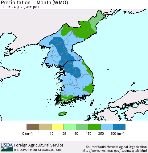 Korea Precipitation 1-Month (WMO) Thematic Map For 7/26/2020 - 8/25/2020
