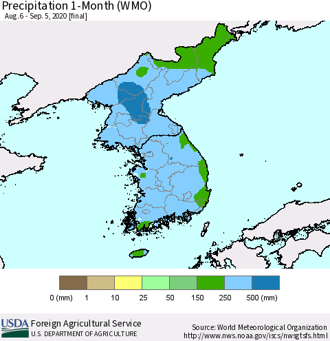 Korea Precipitation 1-Month (WMO) Thematic Map For 8/6/2020 - 9/5/2020