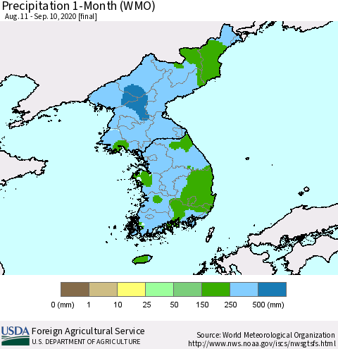 Korea Precipitation 1-Month (WMO) Thematic Map For 8/11/2020 - 9/10/2020