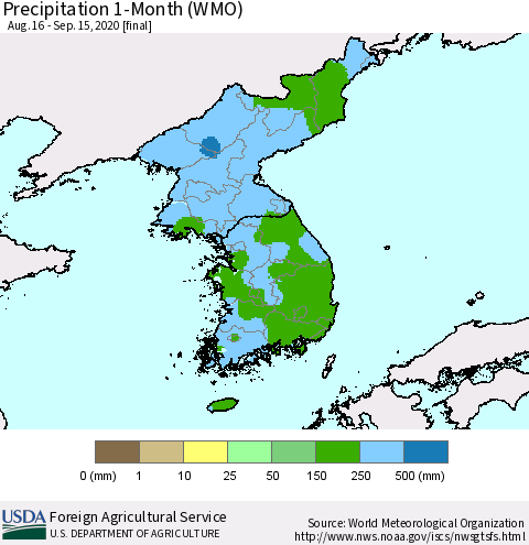 Korea Precipitation 1-Month (WMO) Thematic Map For 8/16/2020 - 9/15/2020