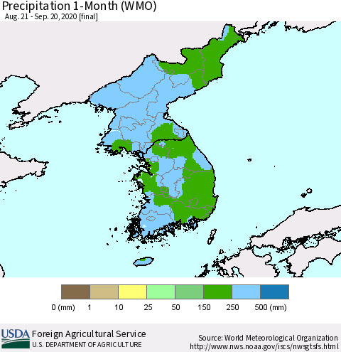 Korea Precipitation 1-Month (WMO) Thematic Map For 8/21/2020 - 9/20/2020