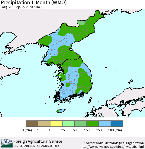 Korea Precipitation 1-Month (WMO) Thematic Map For 8/26/2020 - 9/25/2020
