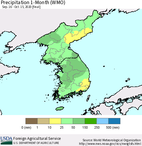 Korea Precipitation 1-Month (WMO) Thematic Map For 9/16/2020 - 10/15/2020