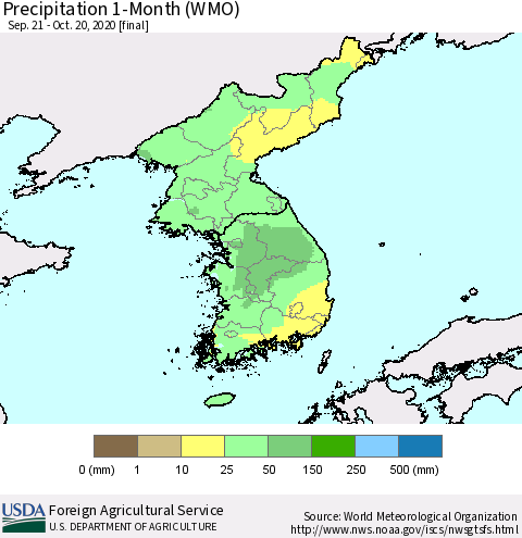 Korea Precipitation 1-Month (WMO) Thematic Map For 9/21/2020 - 10/20/2020