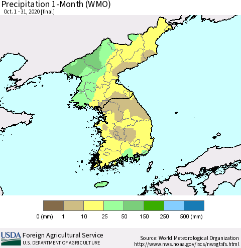 Korea Precipitation 1-Month (WMO) Thematic Map For 10/1/2020 - 10/31/2020