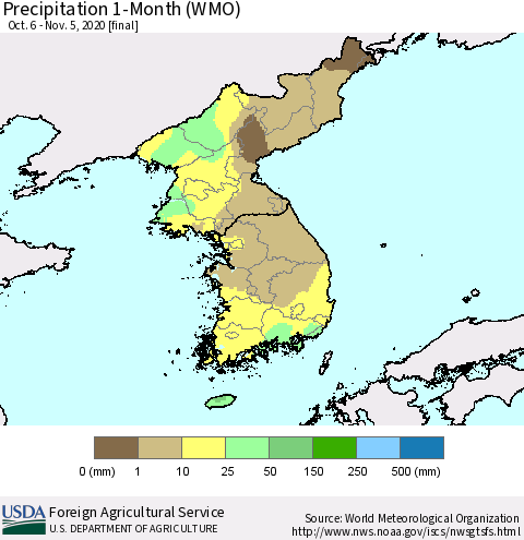Korea Precipitation 1-Month (WMO) Thematic Map For 10/6/2020 - 11/5/2020