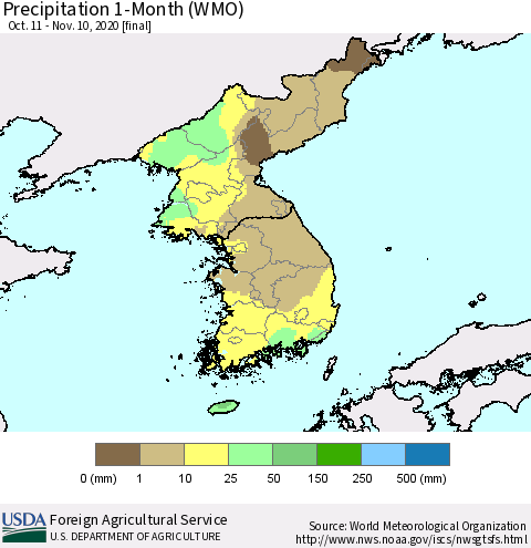Korea Precipitation 1-Month (WMO) Thematic Map For 10/11/2020 - 11/10/2020