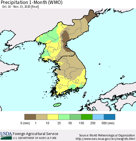 Korea Precipitation 1-Month (WMO) Thematic Map For 10/16/2020 - 11/15/2020