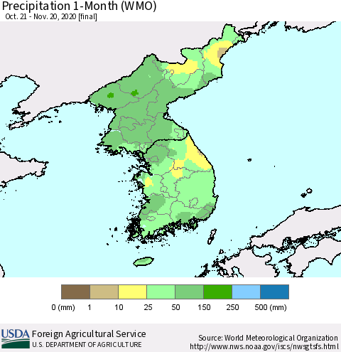 Korea Precipitation 1-Month (WMO) Thematic Map For 10/21/2020 - 11/20/2020