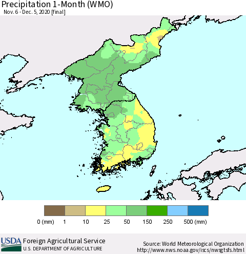 Korea Precipitation 1-Month (WMO) Thematic Map For 11/6/2020 - 12/5/2020