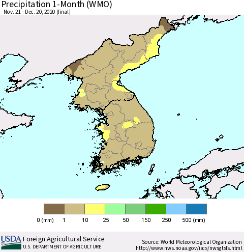Korea Precipitation 1-Month (WMO) Thematic Map For 11/21/2020 - 12/20/2020