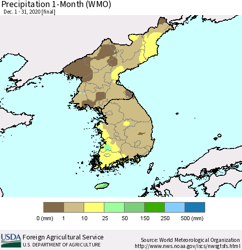 Korea Precipitation 1-Month (WMO) Thematic Map For 12/1/2020 - 12/31/2020