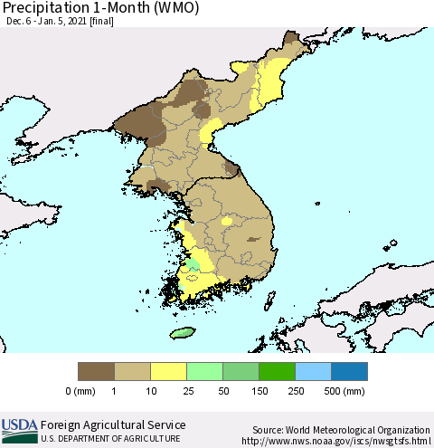 Korea Precipitation 1-Month (WMO) Thematic Map For 12/6/2020 - 1/5/2021