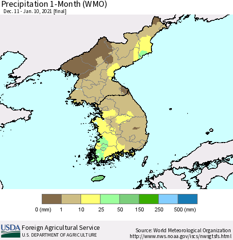 Korea Precipitation 1-Month (WMO) Thematic Map For 12/11/2020 - 1/10/2021