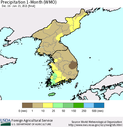 Korea Precipitation 1-Month (WMO) Thematic Map For 12/16/2020 - 1/15/2021