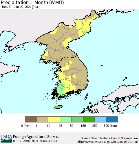 Korea Precipitation 1-Month (WMO) Thematic Map For 12/21/2020 - 1/20/2021