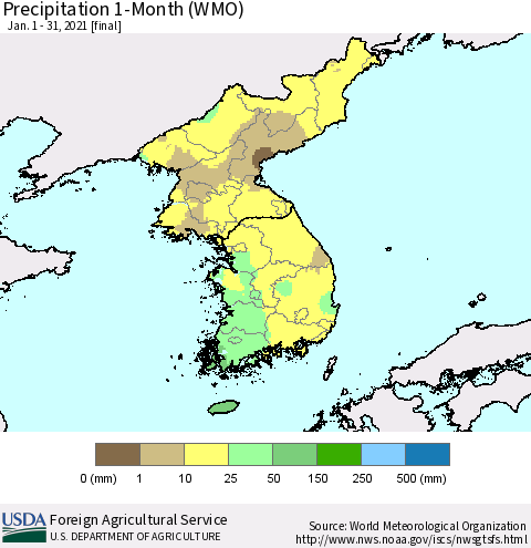 Korea Precipitation 1-Month (WMO) Thematic Map For 1/1/2021 - 1/31/2021