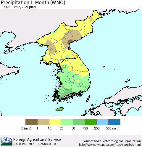 Korea Precipitation 1-Month (WMO) Thematic Map For 1/6/2021 - 2/5/2021