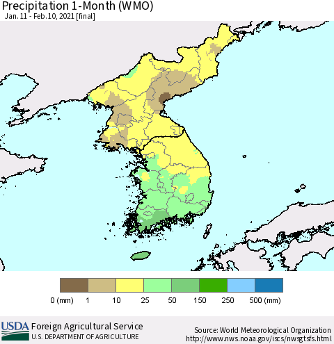 Korea Precipitation 1-Month (WMO) Thematic Map For 1/11/2021 - 2/10/2021