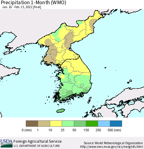 Korea Precipitation 1-Month (WMO) Thematic Map For 1/16/2021 - 2/15/2021