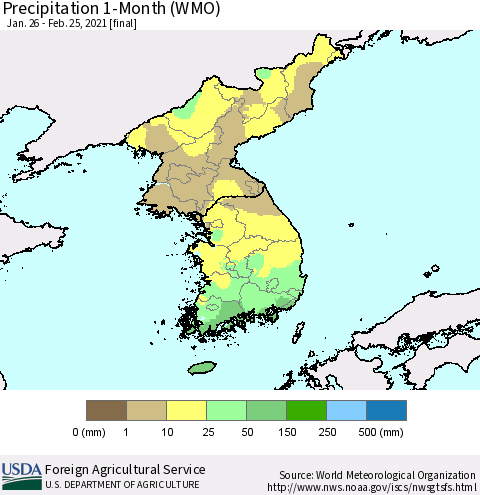 Korea Precipitation 1-Month (WMO) Thematic Map For 1/26/2021 - 2/25/2021