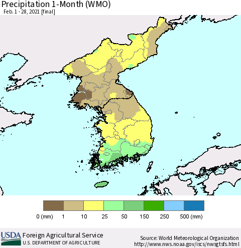 Korea Precipitation 1-Month (WMO) Thematic Map For 2/1/2021 - 2/28/2021