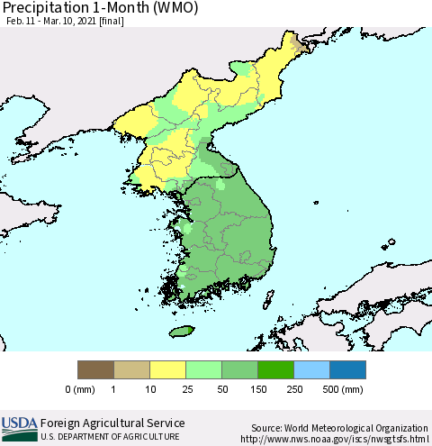 Korea Precipitation 1-Month (WMO) Thematic Map For 2/11/2021 - 3/10/2021