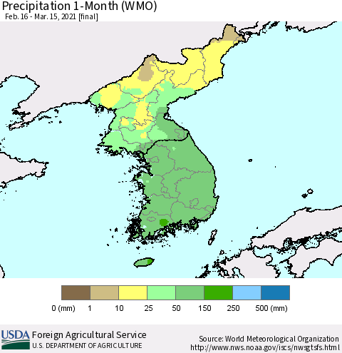 Korea Precipitation 1-Month (WMO) Thematic Map For 2/16/2021 - 3/15/2021