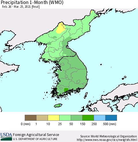 Korea Precipitation 1-Month (WMO) Thematic Map For 2/26/2021 - 3/25/2021