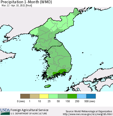 Korea Precipitation 1-Month (WMO) Thematic Map For 3/11/2021 - 4/10/2021
