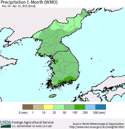 Korea Precipitation 1-Month (WMO) Thematic Map For 3/16/2021 - 4/15/2021