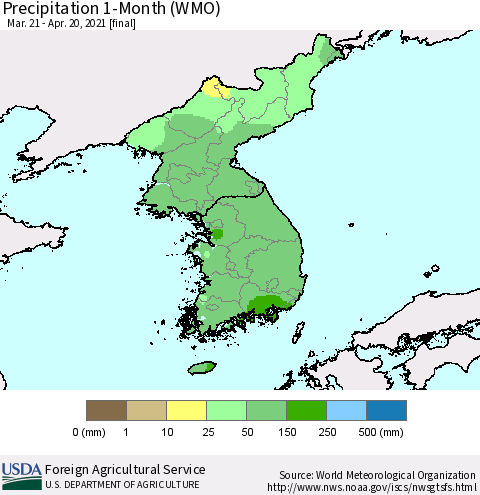 Korea Precipitation 1-Month (WMO) Thematic Map For 3/21/2021 - 4/20/2021