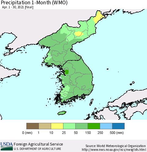 Korea Precipitation 1-Month (WMO) Thematic Map For 4/1/2021 - 4/30/2021